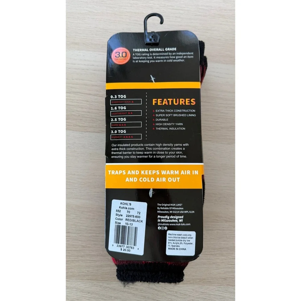 MUK LUKS Heat Retainers Mens Thermal Socks 3.0 TOG Red Black Buffalo Plaid 10-13